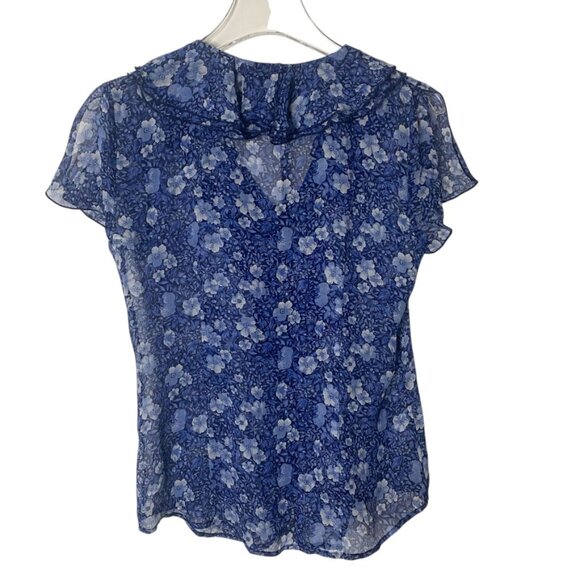 Y2K Oscar De La Renta Sheer Blue Floral Ruffle Flutter Sleeve Blouse Size 4 - Picture 4 of 7